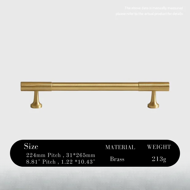 Gold cabinet handle with size, material, and weight information on a gray background