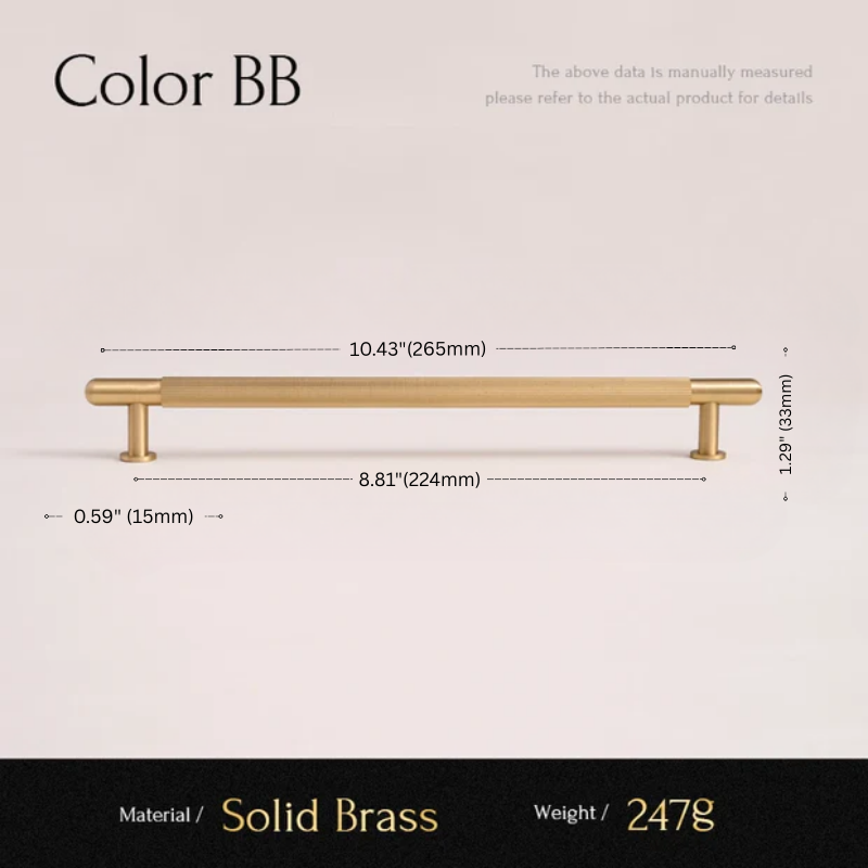 Gold cabinet handle with measurements on a light gray background