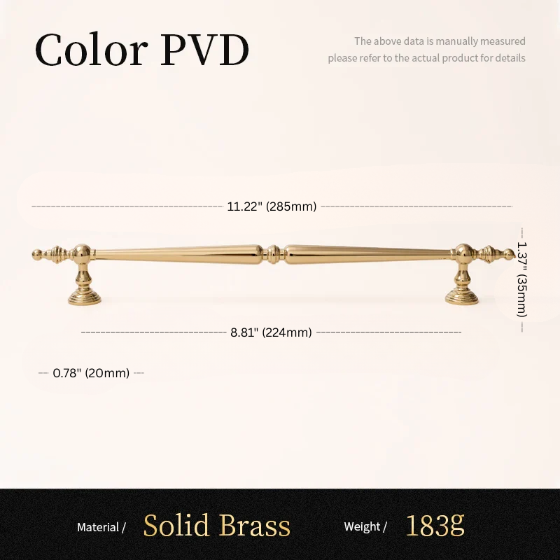 Gold cabinet handle with dimensions and material details on a white background