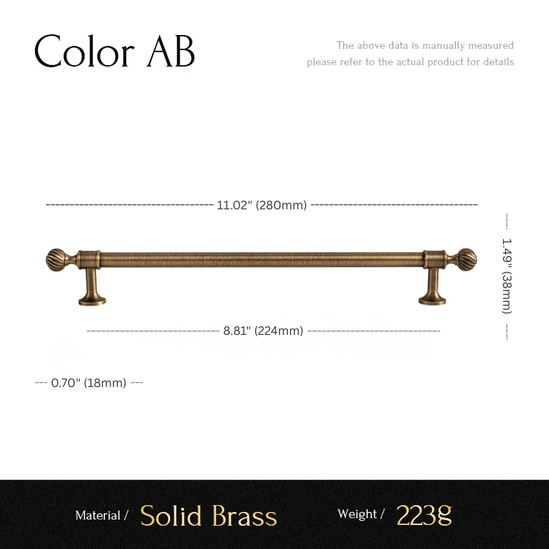 Measurement chart for a solid brass cabinet handle with dimensions and material details.