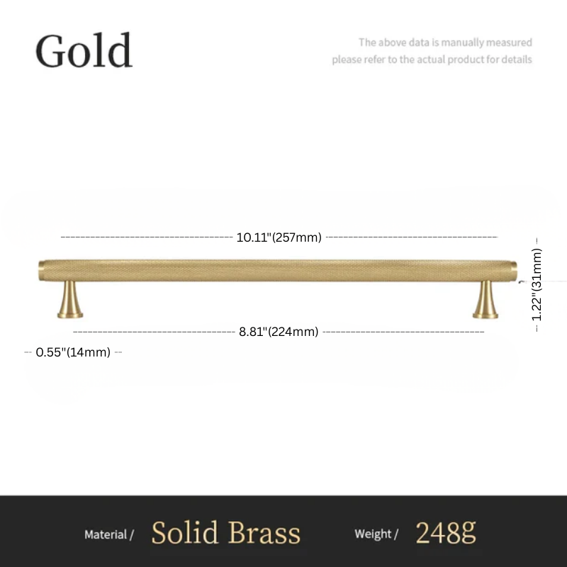 Gold cabinet handle with measurements on a white background