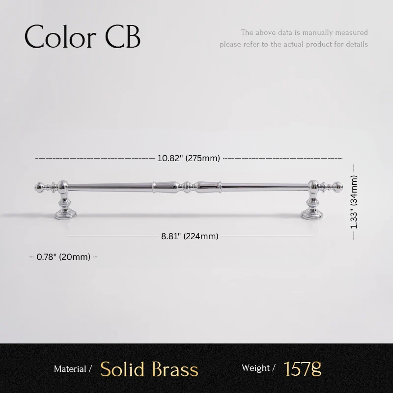 Measurement chart of a solid brass handle with dimensions and material details.