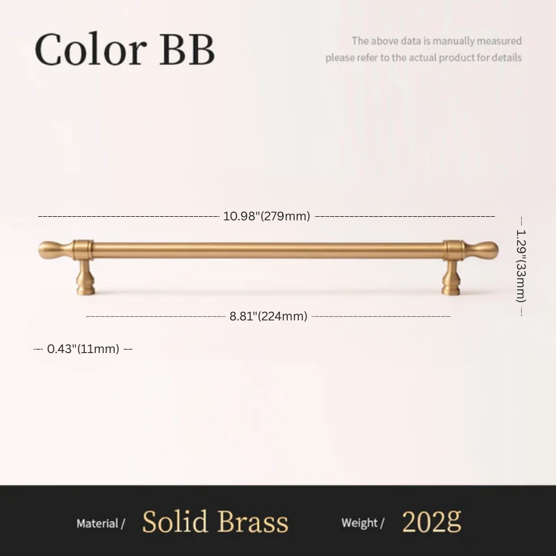 Solid brass bar with dimensions and material details on a white background