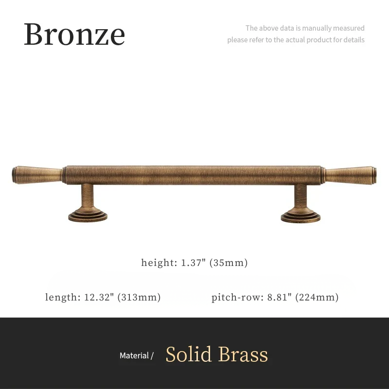 Bronze cabinet pull with dimensions on a white background