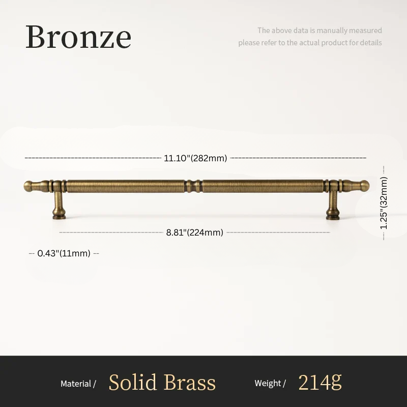 Measurement chart of a bronze handle with dimensions on a white background