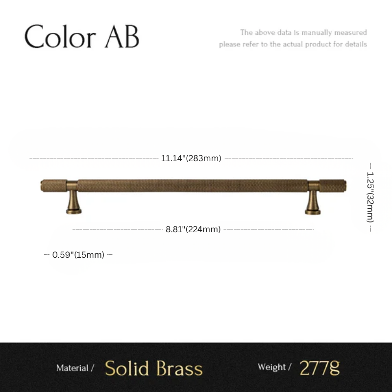Measurement chart for a solid brass cabinet handle with dimensions and material details.