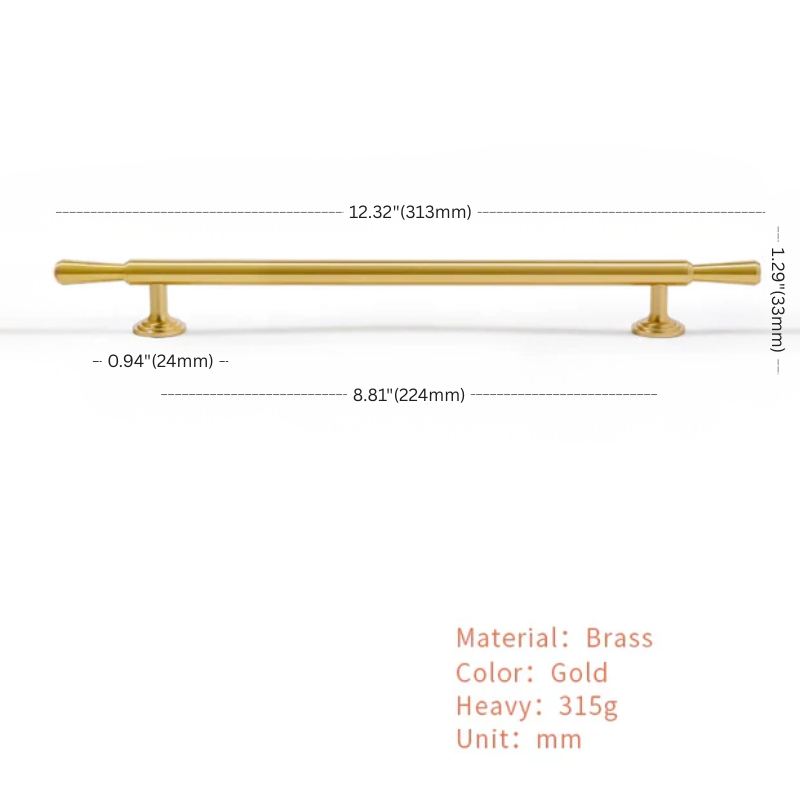 Gold cabinet handle with dimensions and material details on a white background