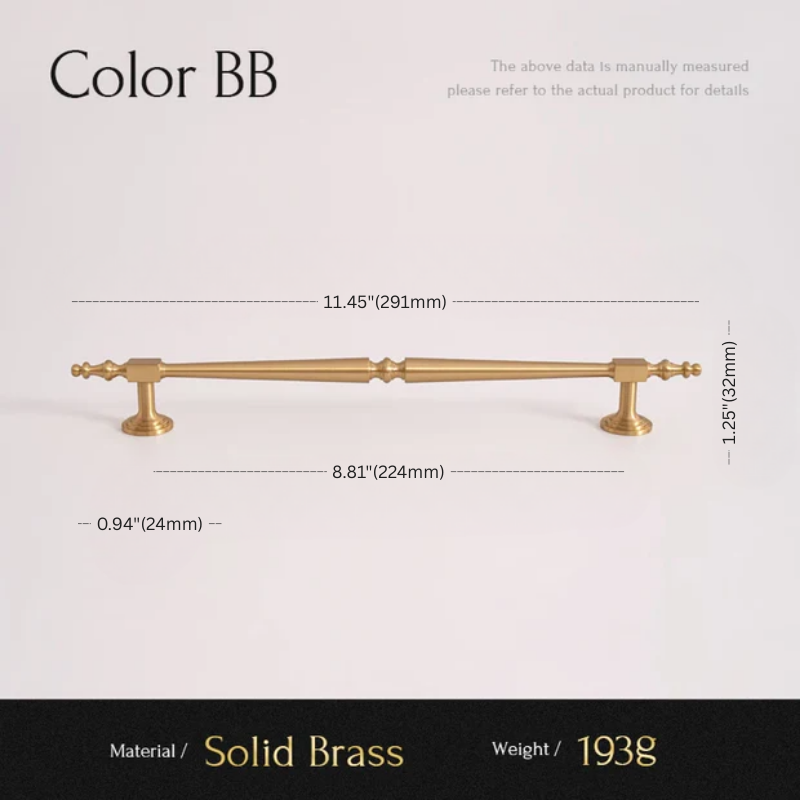 Measurement chart of a solid brass cabinet handle with dimensions and material details.