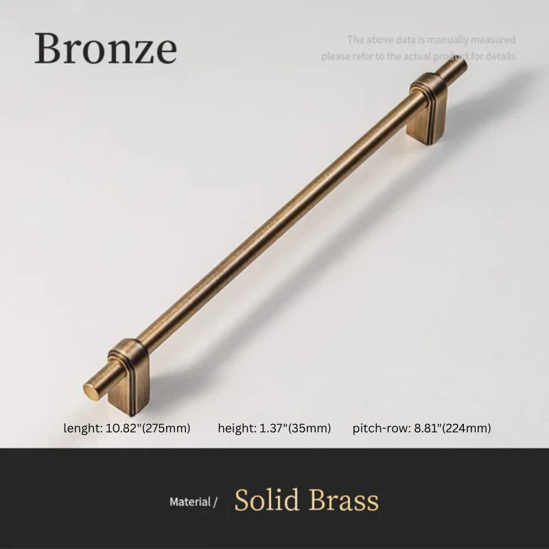 Bronze cabinet handle with dimensions on a light gray background