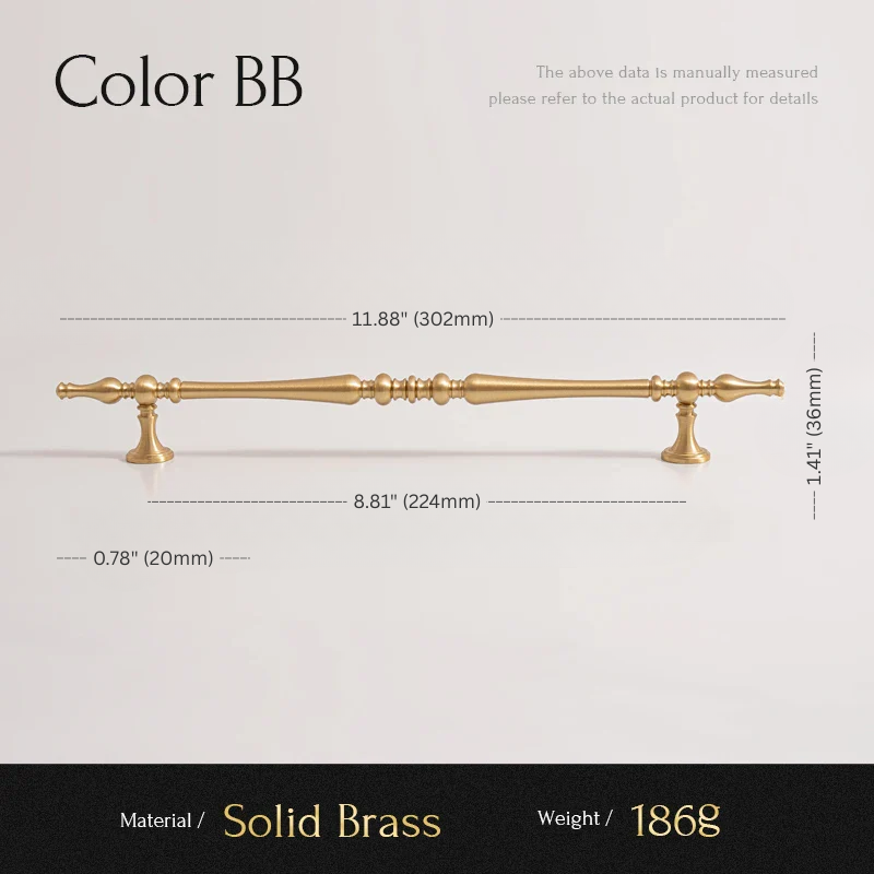 Gold cabinet handle with measurements on a white background