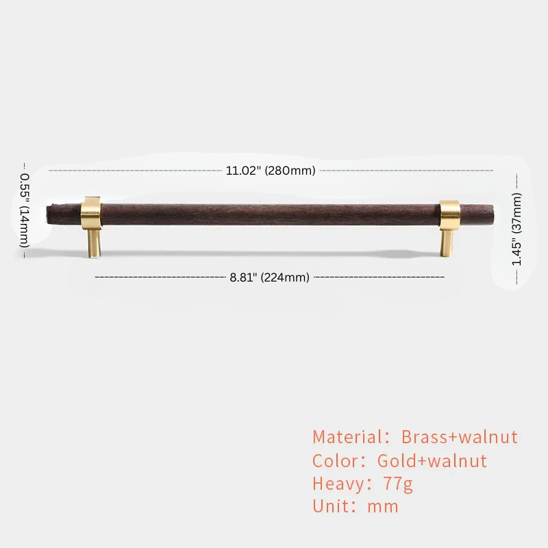Measurement chart of a brown handle with gold accents on a white background