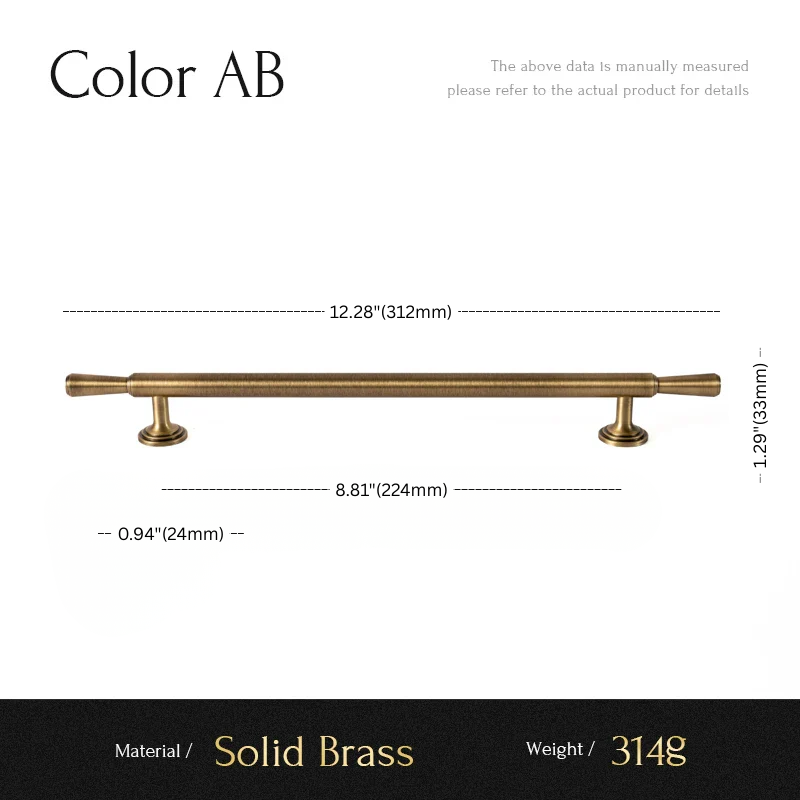 Measurement chart of a solid brass handle with dimensions and material details.