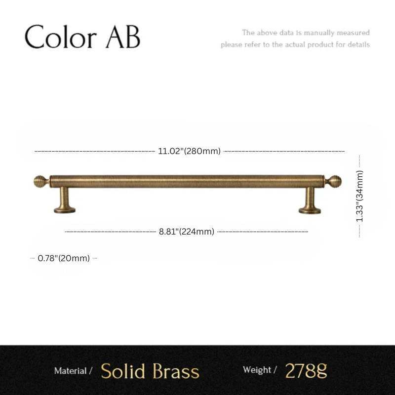 Measurement chart of a solid brass cabinet handle with dimensions and material details.