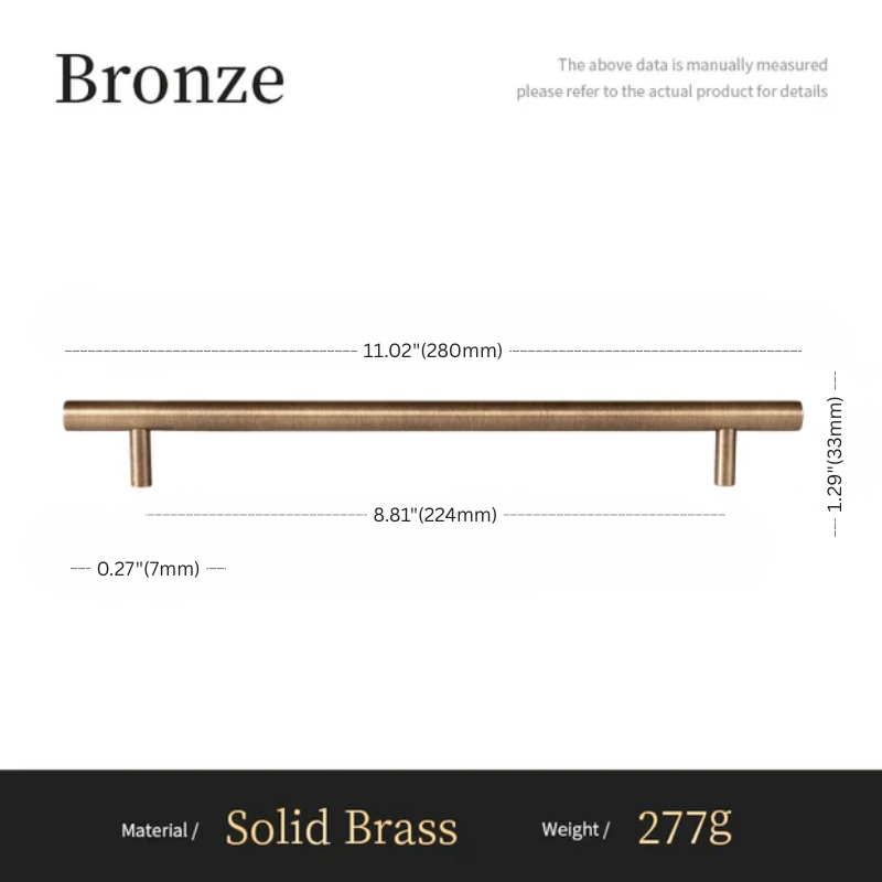 Measurement chart for a bronze cabinet handle with dimensions and material details.