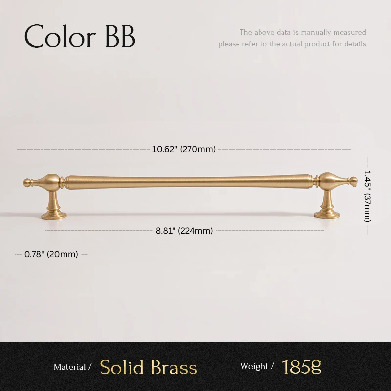 Gold cabinet handle with dimensions and material details on a white background