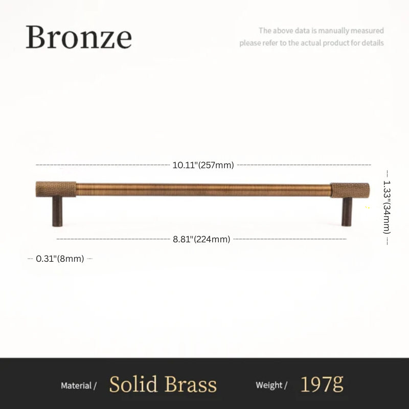 Measurement chart for a bronze cabinet handle with dimensions and material details.