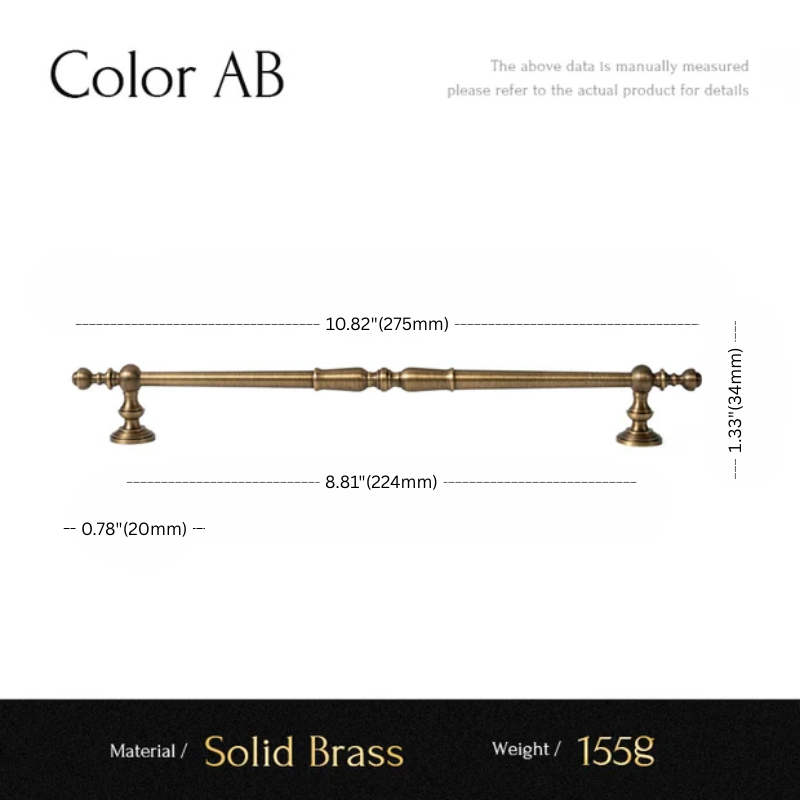 Measurement chart of a solid brass handle with dimensions and material details.