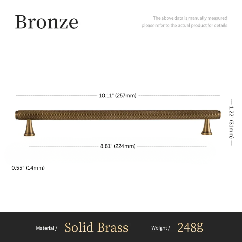 Measurement chart for a bronze cabinet handle with dimensions and material details.