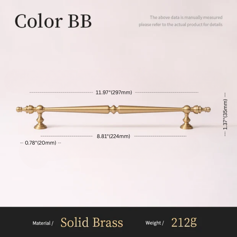 Gold cabinet handle with dimensions and material details on a white background