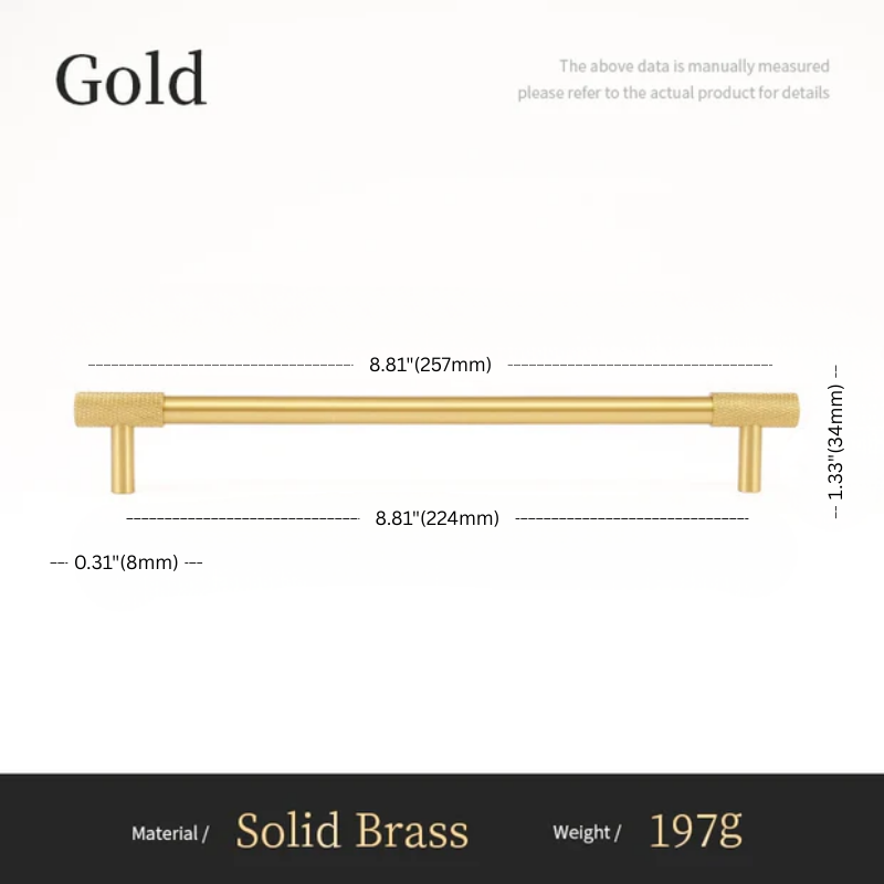 Gold cabinet handle with measurements on a white background