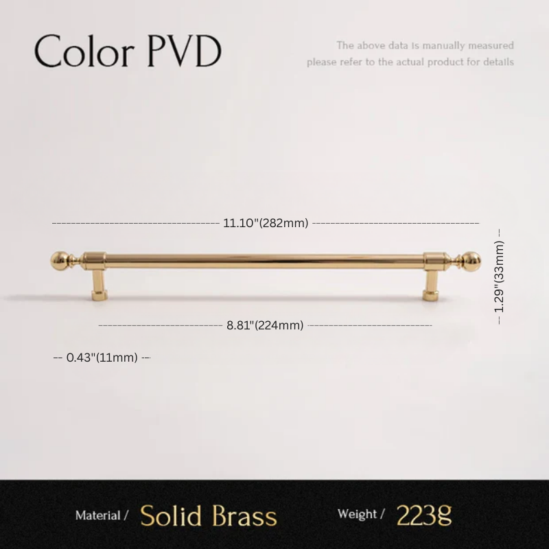 Gold cabinet handle with measurements on a white background