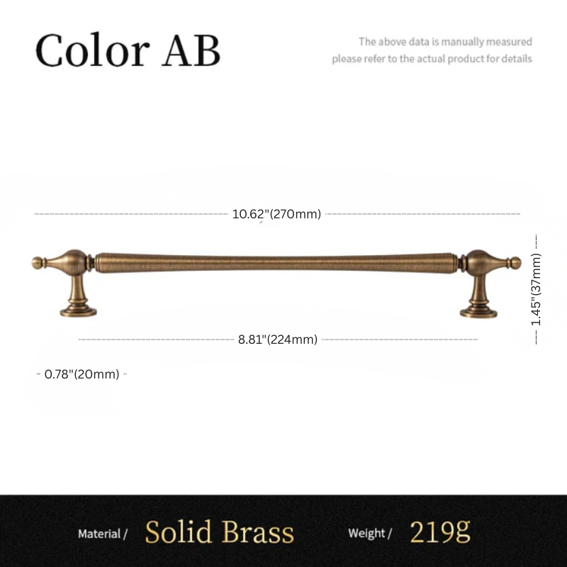 Measurement chart of a solid brass pull handle with dimensions and material details.