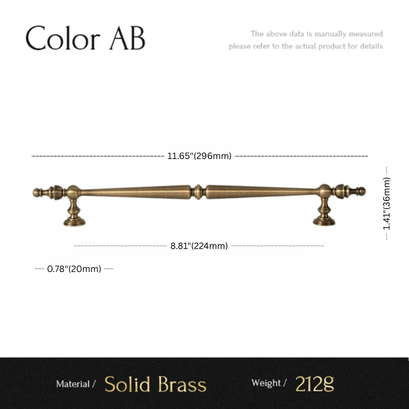 Measurement chart for a solid brass fixture with dimensions and material details.