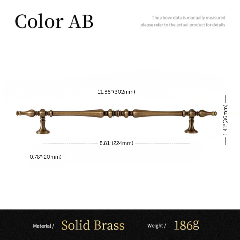 Measurement chart of a solid brass fixture with dimensions and material details.