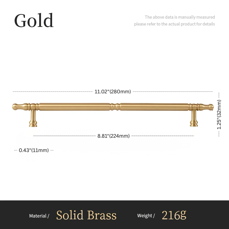 Gold cabinet handle with dimensions and material details on a white background