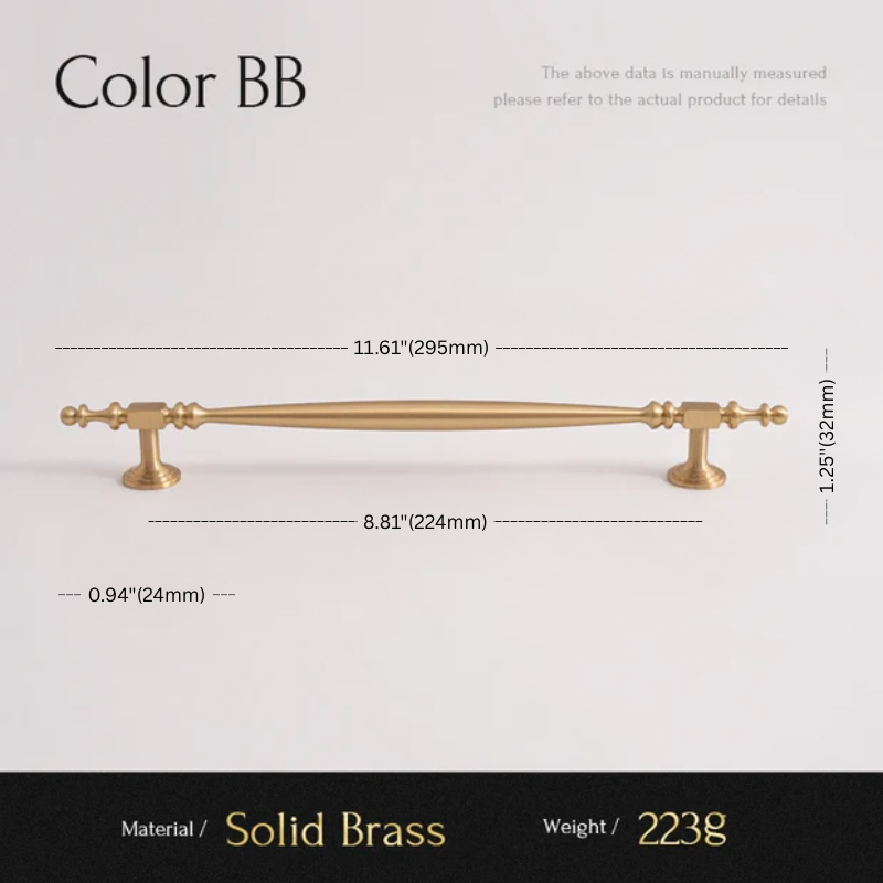Solid brass handle with dimensions and material details on a white background