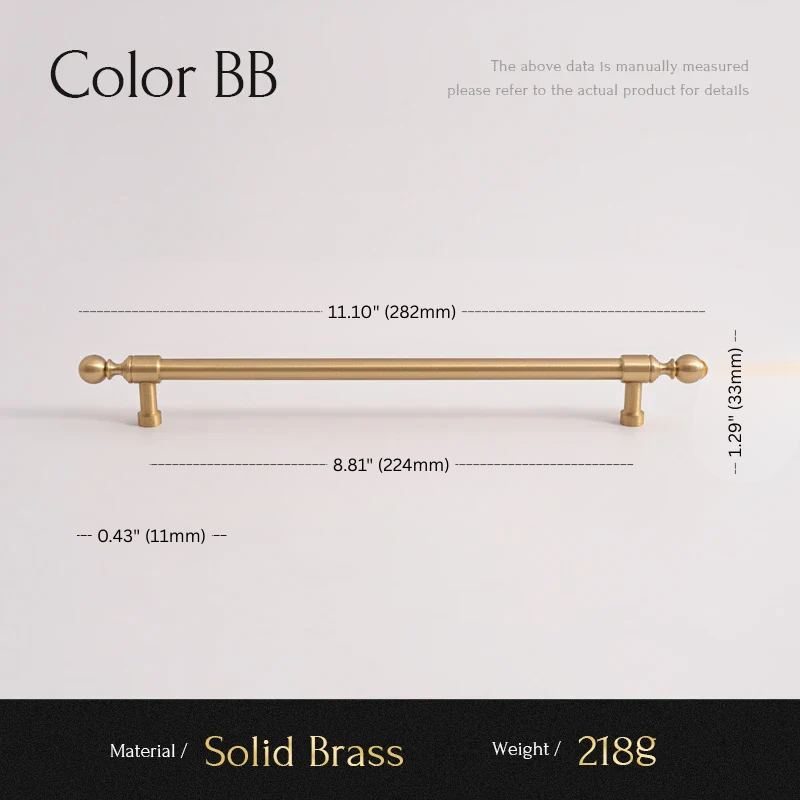 Measurement chart for a solid brass cabinet handle with dimensions and material details.