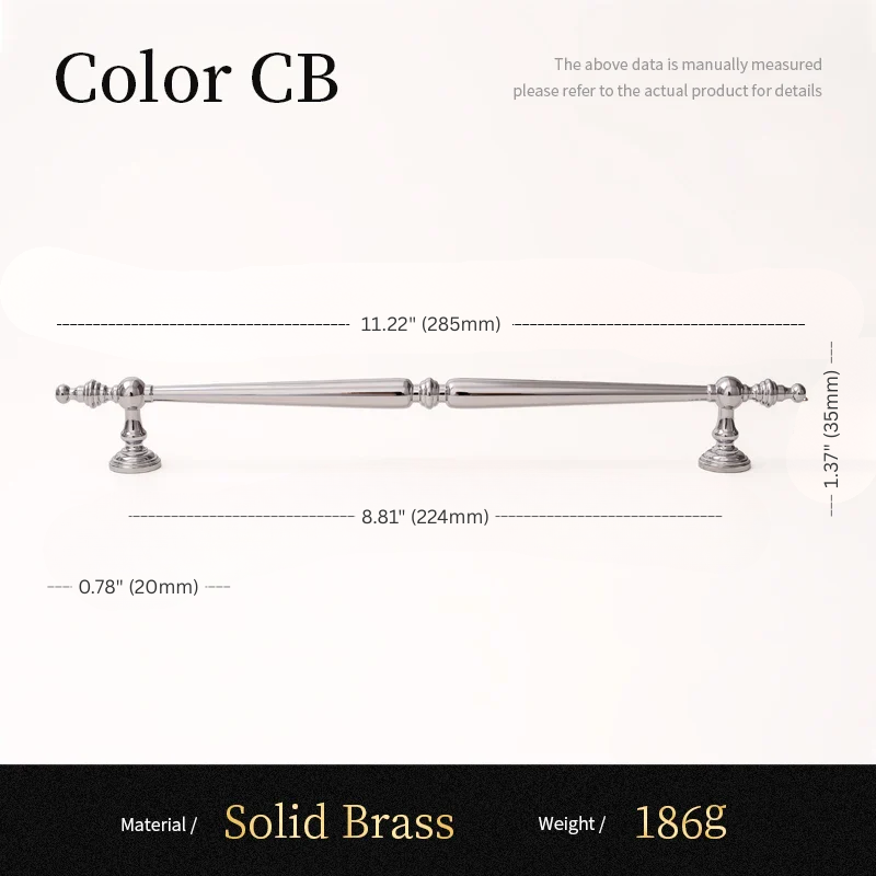Measurement chart for a solid brass fixture with dimensions and material details.