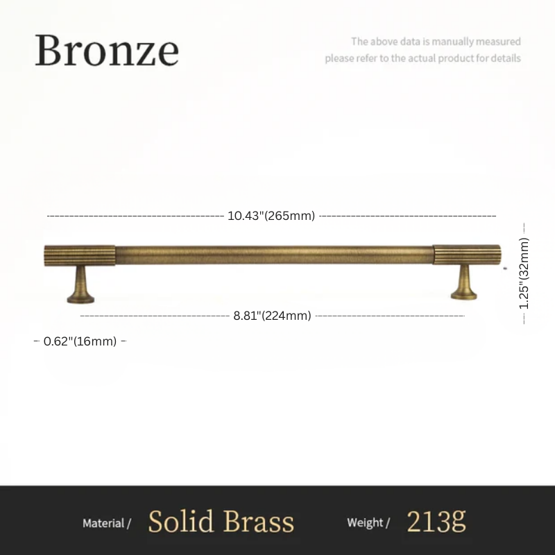 Measurement chart for a bronze cabinet handle with dimensions and material details.