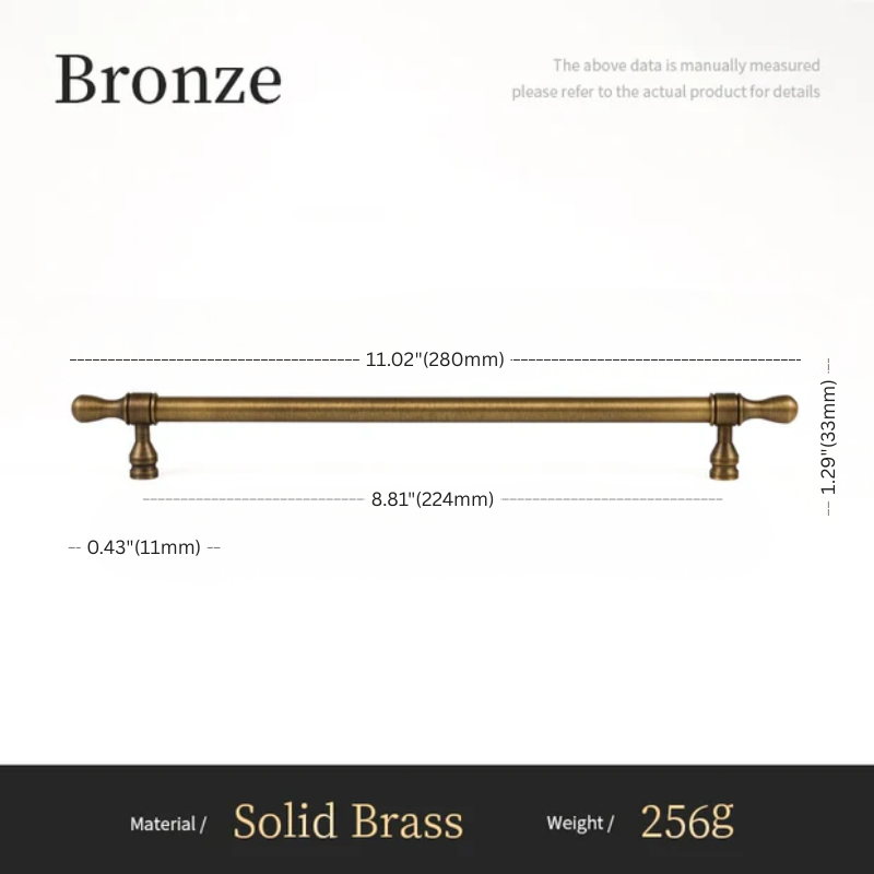 Measurement chart of a bronze cabinet handle with dimensions and material details.