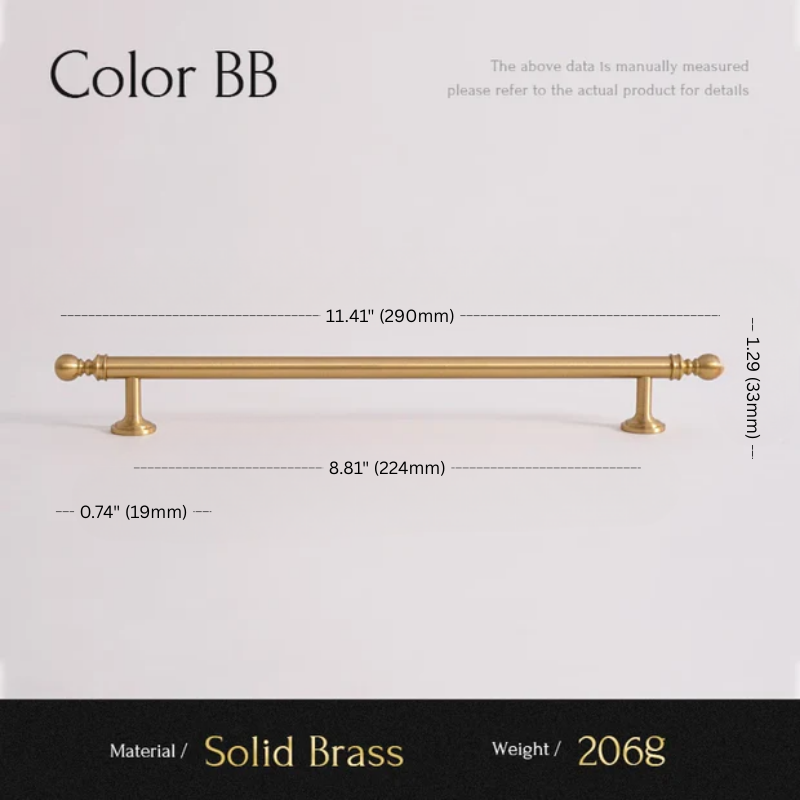 Gold cabinet handle with measurements on a white background