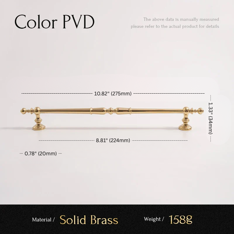 Solid brass cabinet handle with dimensions and material details on a white background