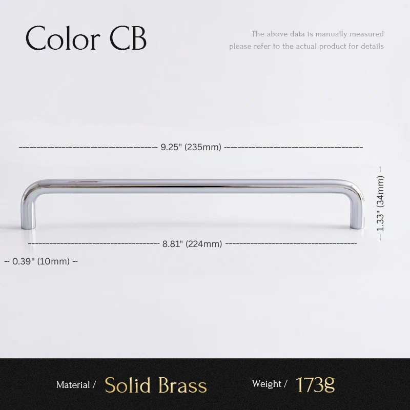 Measurement chart for a solid brass handle with dimensions and material details.