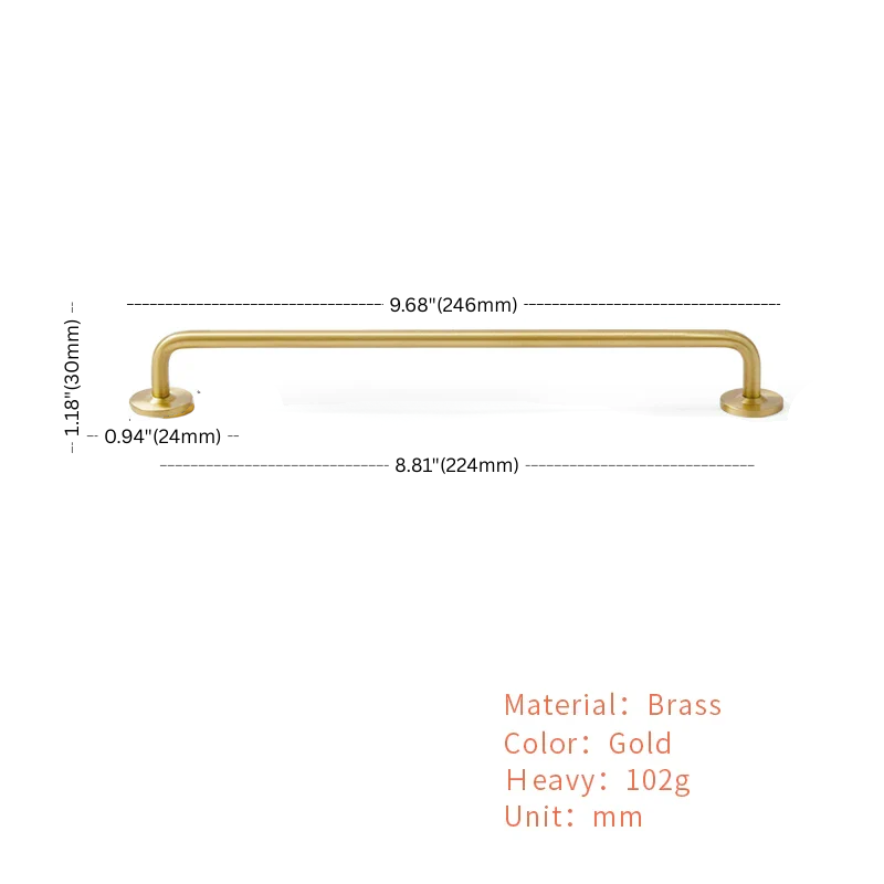 Gold cabinet handle with measurements on a white background