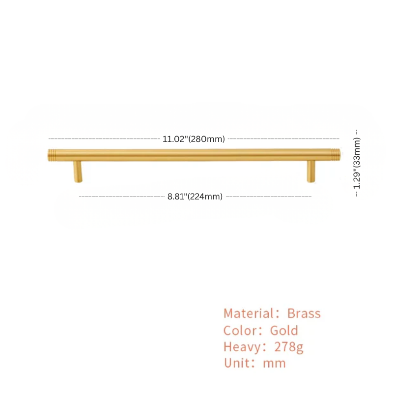 Gold cabinet handle with dimensions and material details on a white background