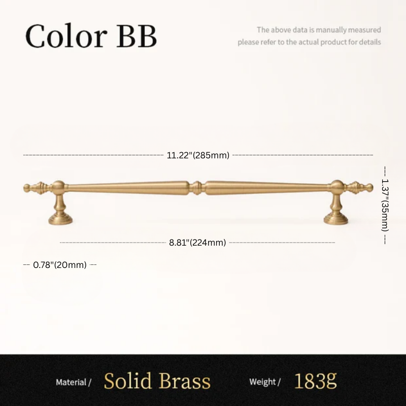 Solid brass handle with dimensions and material details on a white background