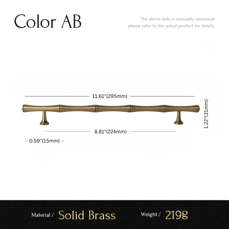 Measurement chart for a solid brass handle with dimensions and material details.