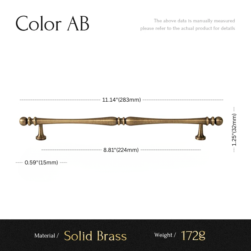 Measurement chart of a solid brass handle with dimensions and material details.