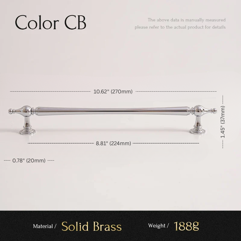 Measurement chart for a solid brass cabinet handle with dimensions and material details.