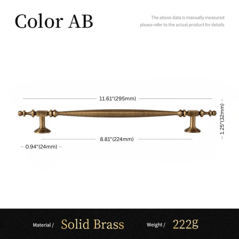 Measurement chart of a solid brass pull handle with dimensions and material details.