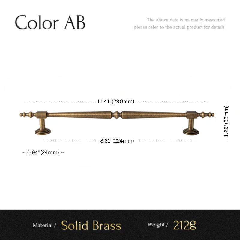 Measurement chart for a solid brass handle with dimensions and material details.