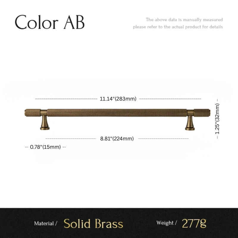 Measurement chart for a solid brass pull handle with dimensions and material details.