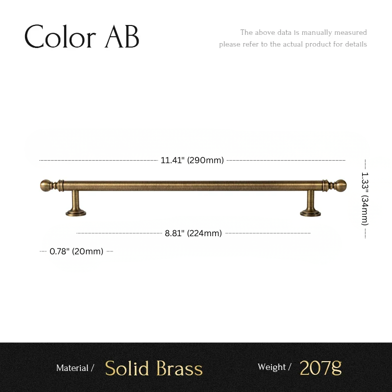 Measurement chart for a solid brass handle with dimensions and material details.