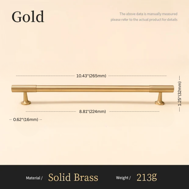Gold cabinet handle with measurements and material details on a beige background