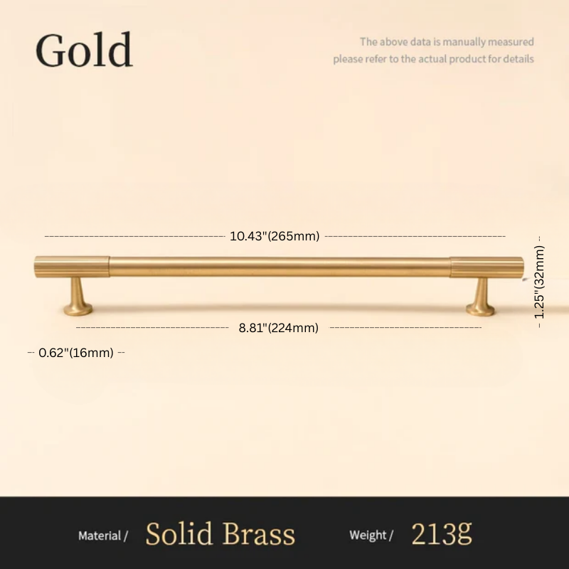 Gold cabinet handle with measurements and material details on a beige background