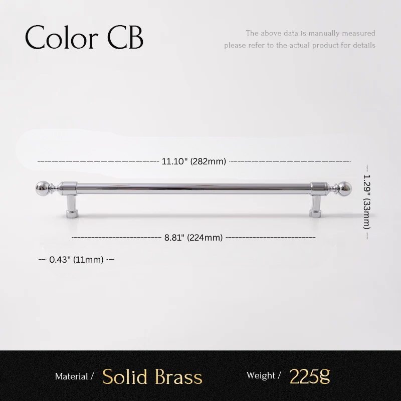 Cabinet handle with dimensions and material details on a white background